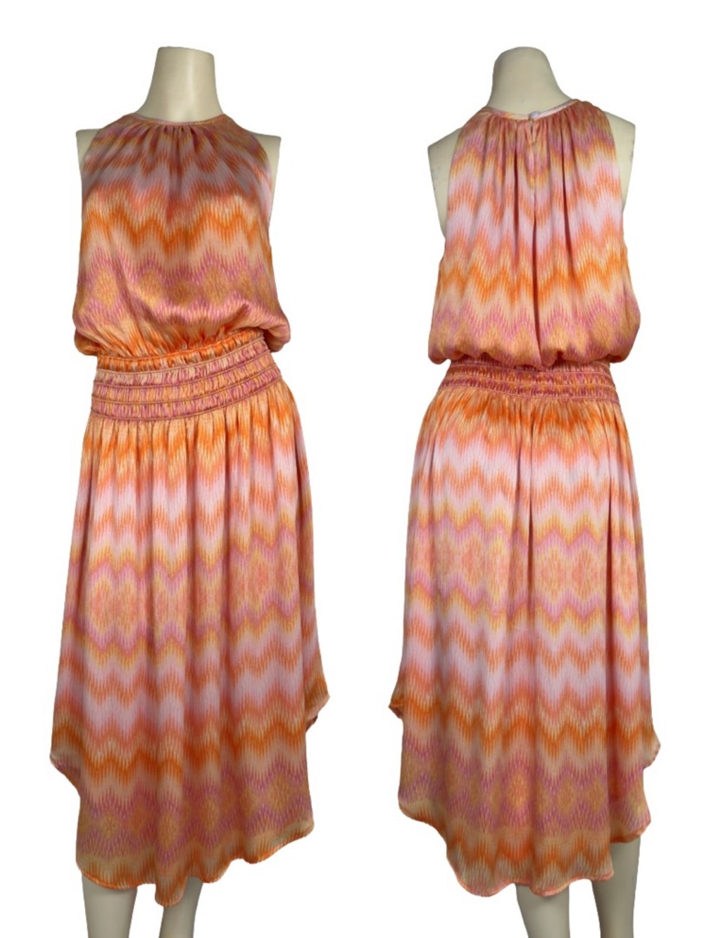Ramy Brook Orange & Pink Ikat Print Smocked Drop Waist Pleated Midi Dress NWOT S